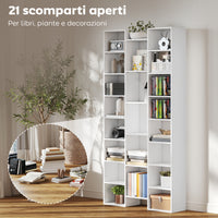 Libreria Moderna 89,5x23,5x181 cm con 21 Scomparti e 10 Ripiani Regolabili in Legno Bianco