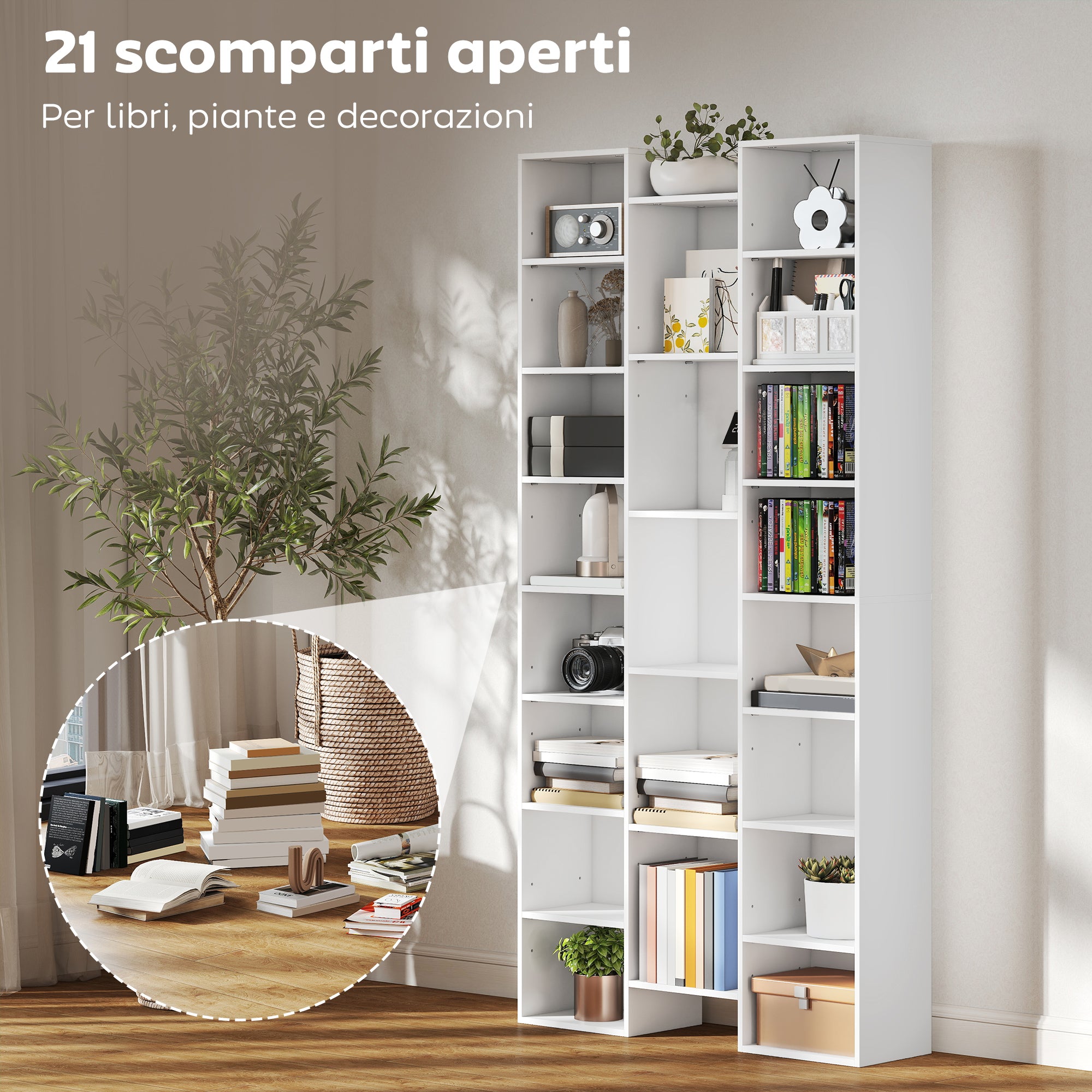 Libreria Moderna 89,5x23,5x181 cm con 21 Scomparti e 10 Ripiani Regolabili in Legno Bianco