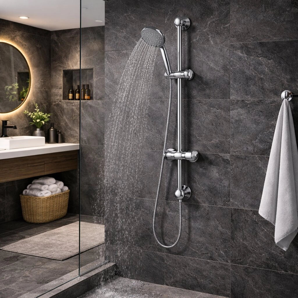 Saliscendi Doccia Cromato 60 cm con Soffione Multigetto Ø8 cm e Portasapone 69131