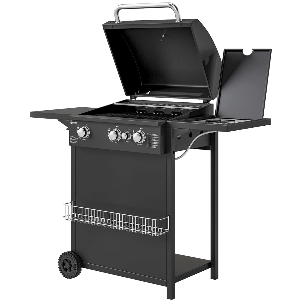 Barbecue a Gas con Bruciatori Indipendenti, Coperchio con Termometro e Tavolino Laterale, Nero