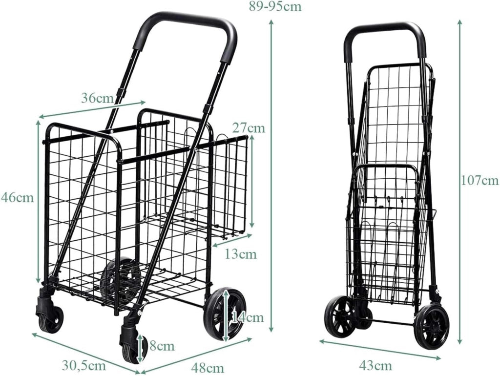 Carrello Portaspesa Pieghevole, Carrello Spesa con Ruote Girevoli a 360 °, Manico Regolabile, 2 Cesti, Capacità di Carico: 20 kg, 58L, 43 x 52 x 89-95 cm (Nero)