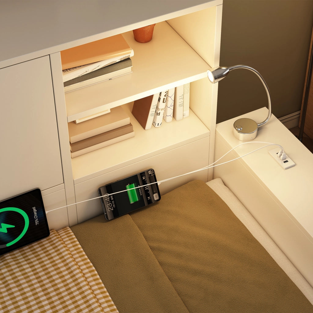 Letto contenitore 140 × 200 cm con 2 cassetti, USB e Type-C, luce da lettura, senza materasso, bianco