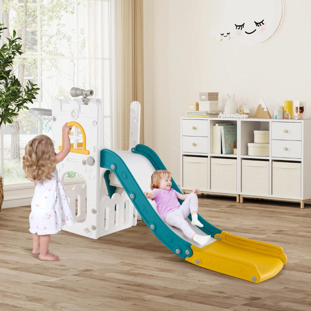 Scivolo per interni con canestro da basket e telescopio con spazio-6 in 1 scivolo toddler a forma di L di archiviazione Verde e bianco