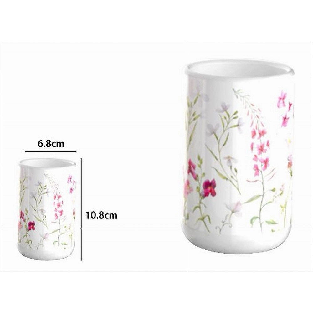 Trade Shop - Bicchiere Porta Spazzolino Bianco Con Fiori In Ceramica Accessorio Bagno 69918 -
