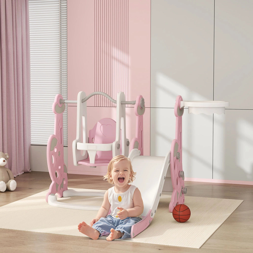 Scivolo per Bambini 4 in 1 con Altalena Scaletta da Arrampicata e Cestino da Basket in PP e PE Rosa