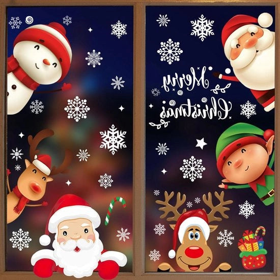 Decorazione di Natale Sticker per finestra riutilizzabile - Babbo Natale con neve, renne e fiocco di neve - 8 fogli di decorazione per finestra di Natale per interni