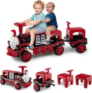 Trenino Elettrico Cavalcabile per Bambini, 12V Macchina Elettrica a 3 Posti con Locomotiva e Vagone Rimovibili, Treno con Luci LED, Clacson e Musica, per Bambini 3-8 Anni (Rosso)