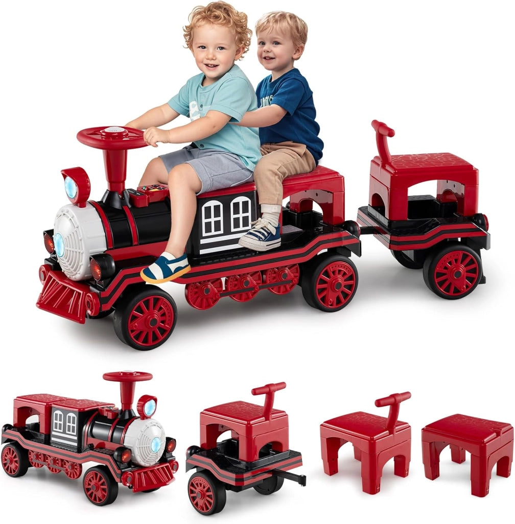 Trenino Elettrico Cavalcabile per Bambini, 12V Macchina Elettrica a 3 Posti con Locomotiva e Vagone Rimovibili, Treno con Luci LED, Clacson e Musica, per Bambini 3-8 Anni (Rosso)