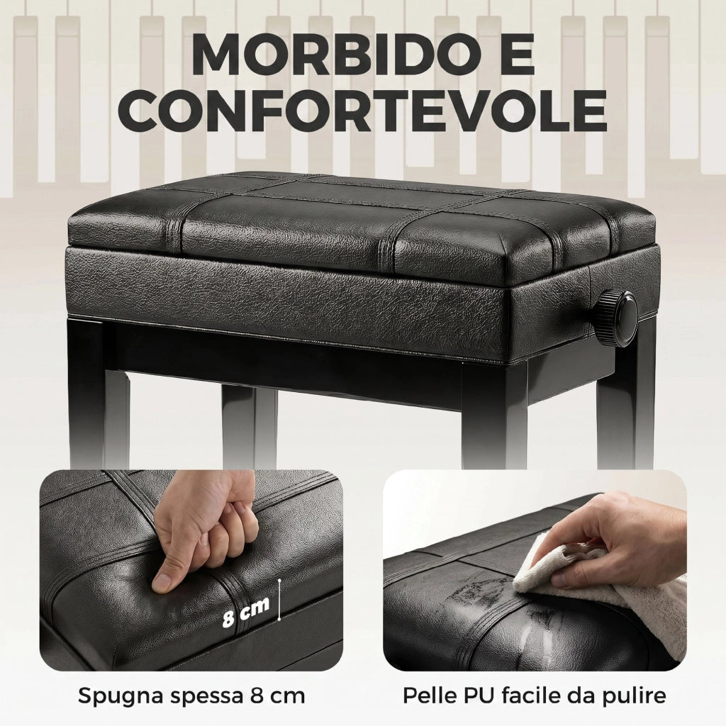 Sgabello per Pianoforte con Altezza Regolabile e Contenitore ¨C Xylo ¨C Legno e Similpelle Nero 63x35x46-56cm