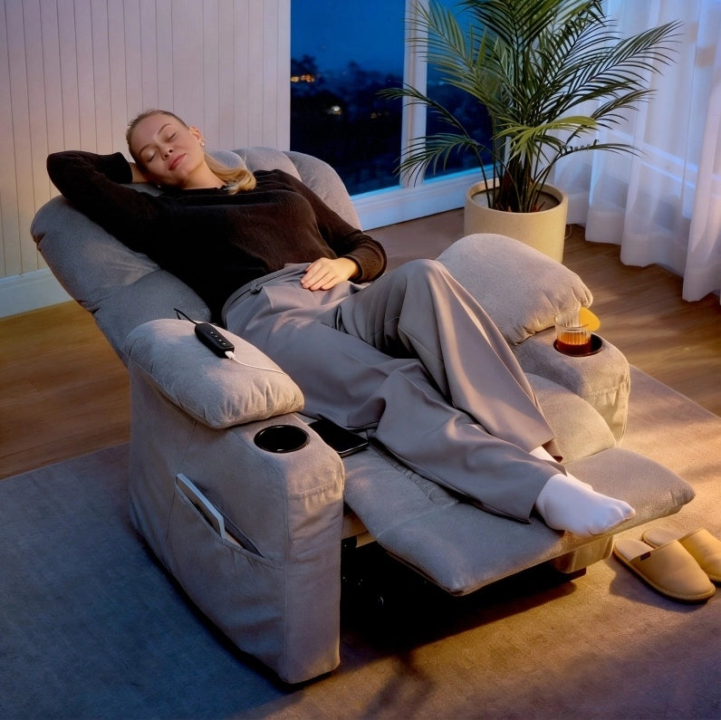 Poltrona Relax Elettrica Grigia con USB, Memory e Portabevande