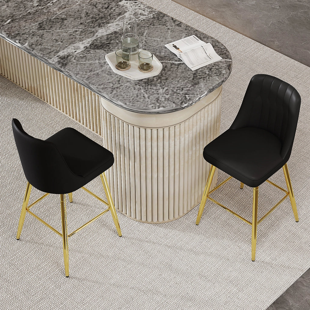 Set di 2 Sgabelli da Bar con Schienale e Poggiapiedi per Isola Cucina e Bancone; Metallo e Similpelle; Nero e Oro