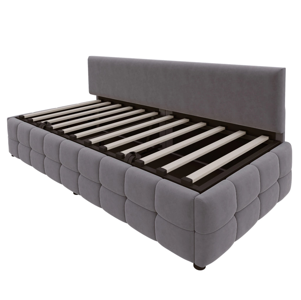 Divano letto imbottito 90x200 cm con vano contenitore grigio