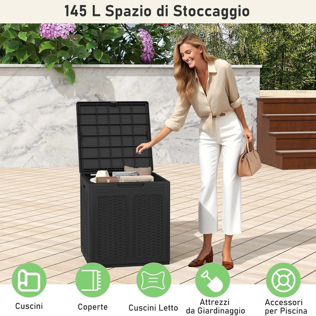 Baule da Esterno 145 L, Cassapanca Contenitore Impermeabile con Effetto Rattan, Coperchio Bloccabile e Maniglie, per Giardino, Patio e Piscina, 56 x 56 x 60,5 cm (Marrone)