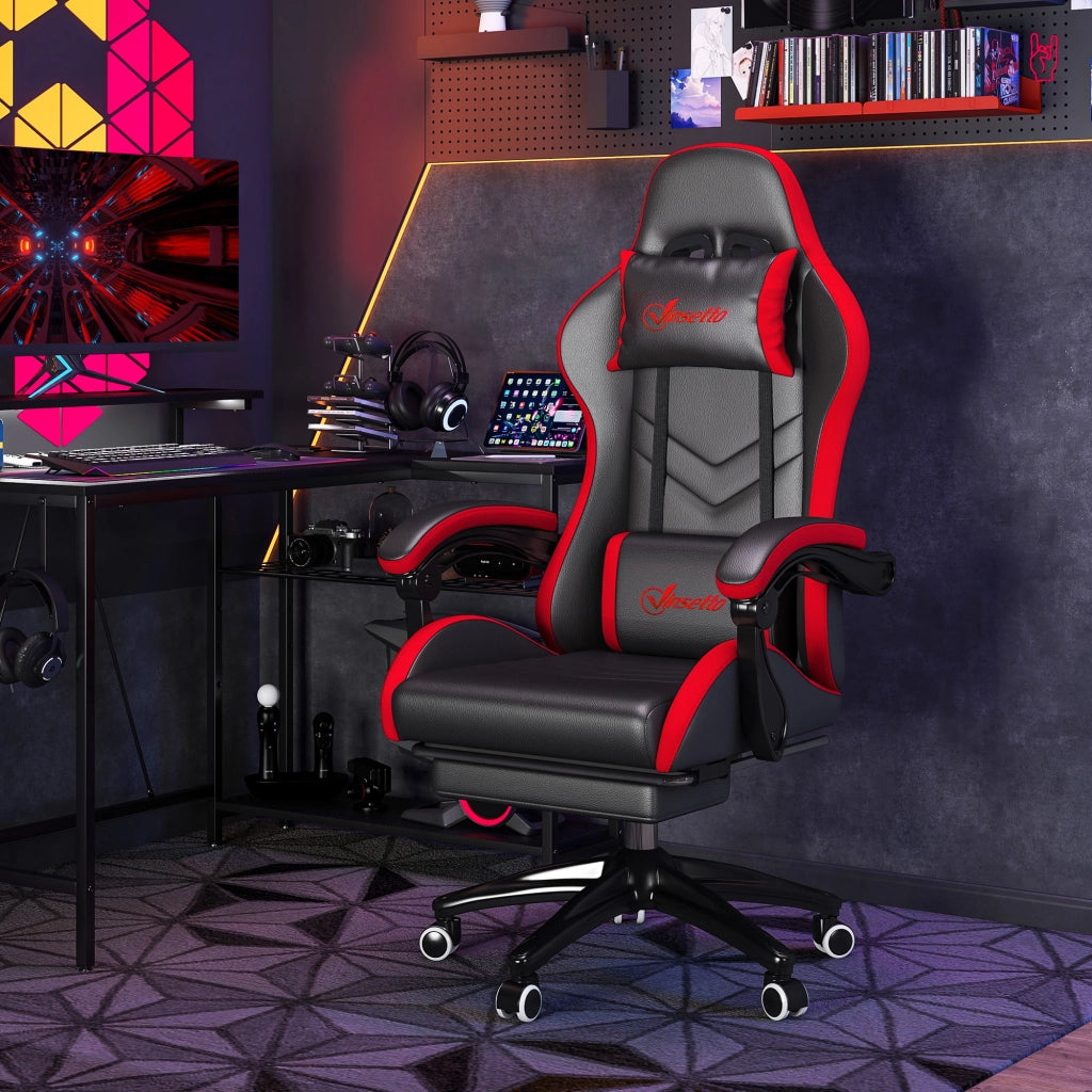 Sedia da Gaming con Altezza Regolabile e Schienale Reclinabile, 65x65x121-129 cm, Nero e Rosso