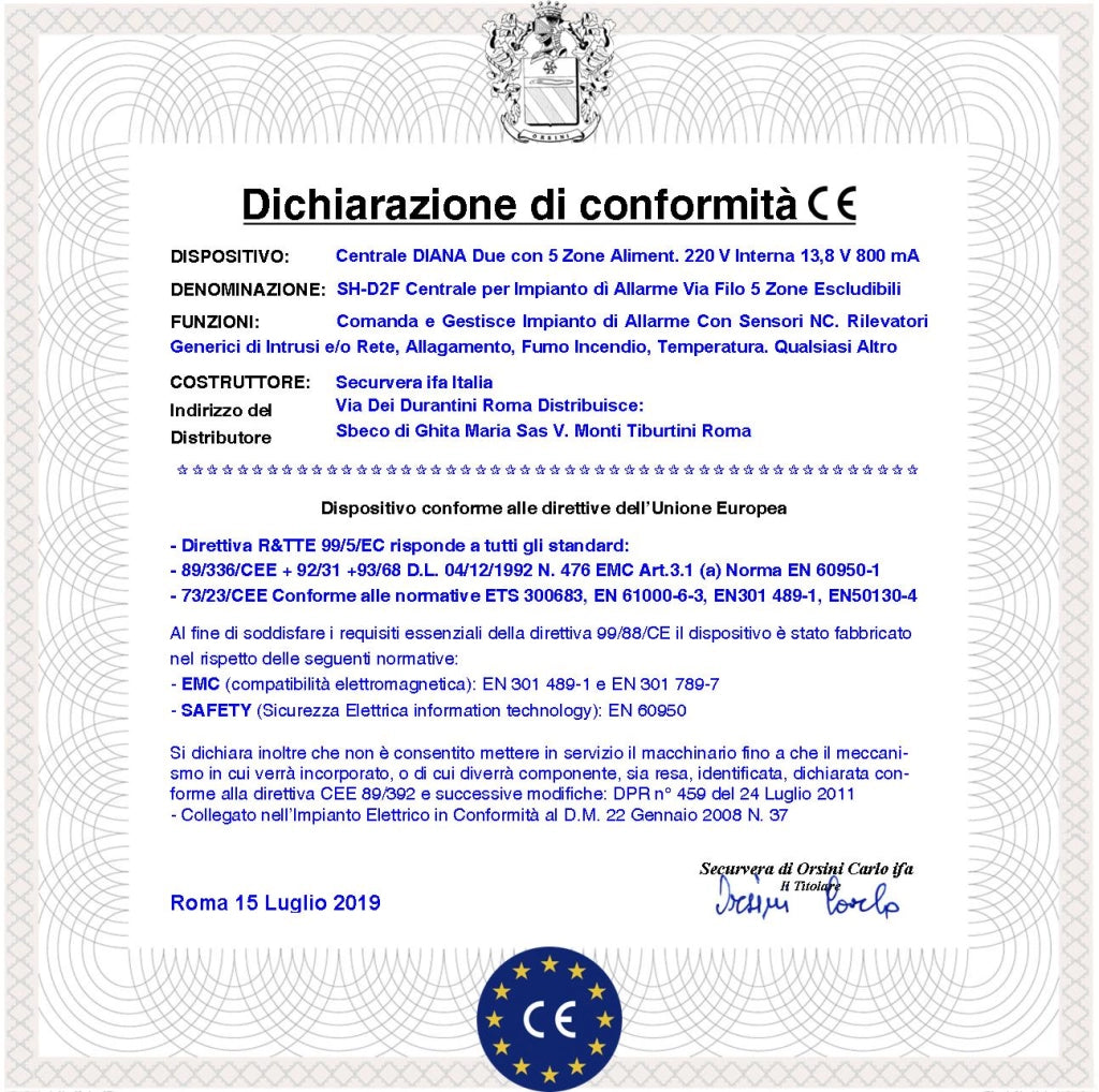 Centrale Allarme Diana 5 Zone Chiave Meccanica Per Impianto Antifurto Filare. Gestisce Sensori di Movimento Ingresso Per Chiave Remota o Telegestione Uscita di Comando Per Sirene Combinatore Fumogeno