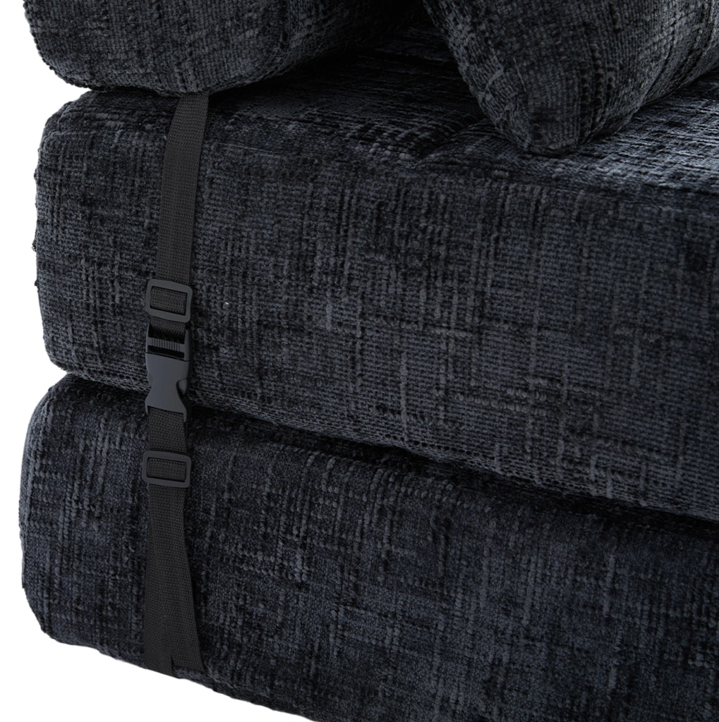 Divano letto pieghevole in chenille nero con cuscino testa e lombare