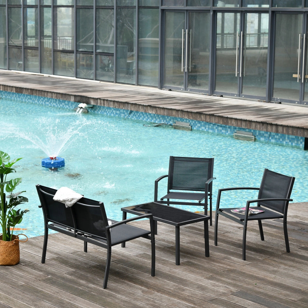 Set giardino esterno 4 pezzi con divano 2 posti, 2 sedie e tavolino in vetro ¨C zephmum ¨C nero, cuscini inclusi