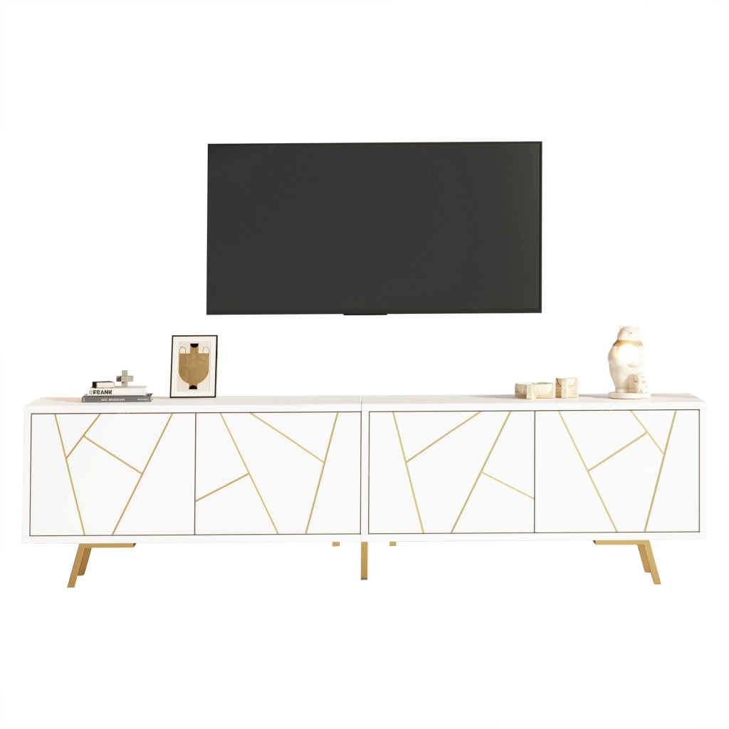 Mobile TV 190x40x51;5 cm con 4 ante e 5 gambe in metallo; bianco e oro