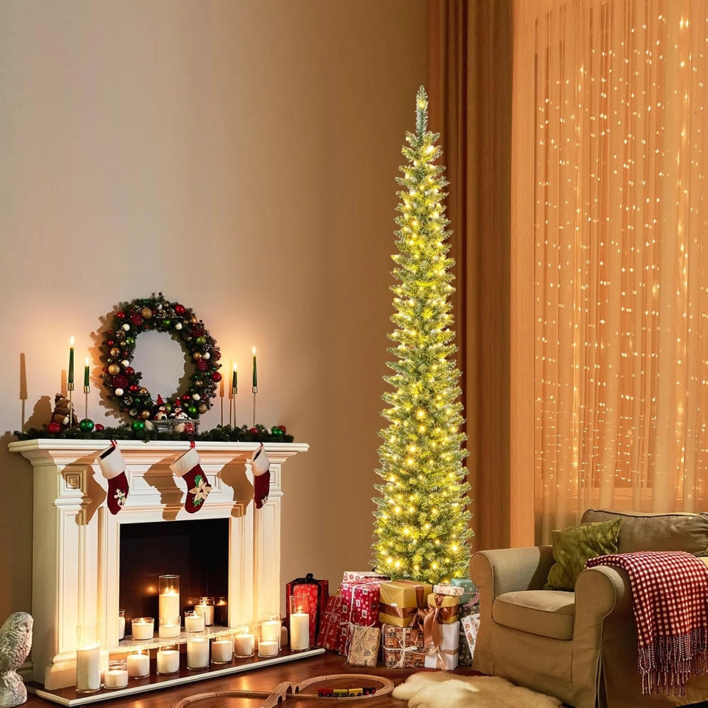Albero di Natale Slim da 150/180/210 CM, Albero di Natale Artificiale con 150/180/200 Luci LED Bianche Calde, 296/390/499 Punte di Ramo e Supporto Pieghevole in Metallo (210 cm)