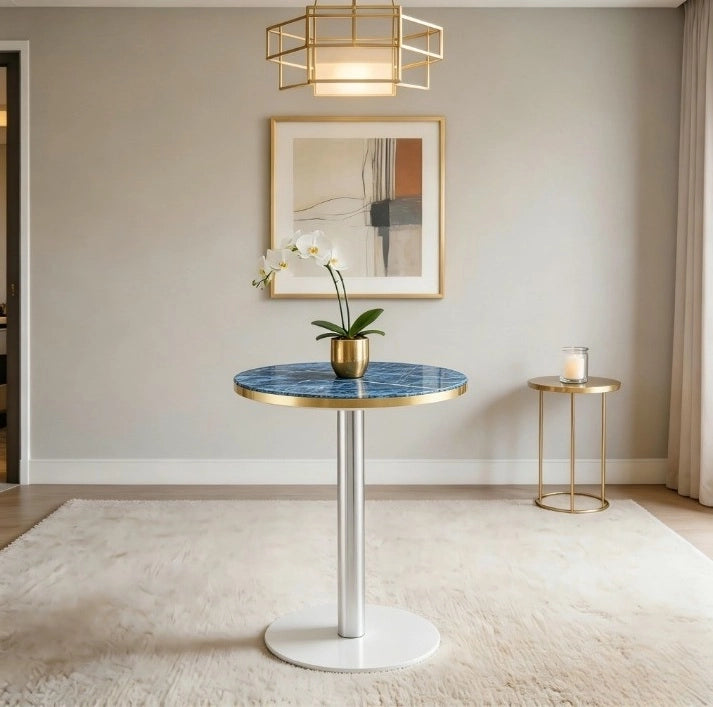 Tavolo rotondo in MDF effetto marmo blu con base in metallo