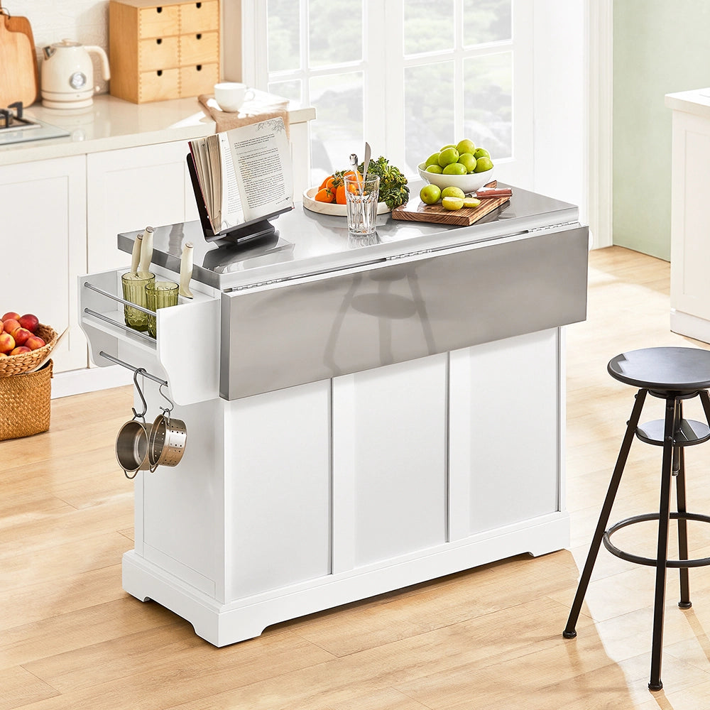 SoBuy | Isola cucina pieghevole in bianco | Carrello cucina a 4 ruote | Cucina a penisola con 2 porte | 128.0x71.0x91.0 cm | Capacità di carico 94 kg | FKW41-II-ST
