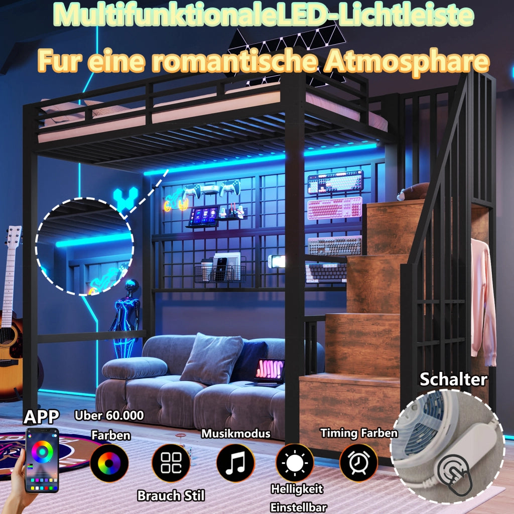 Letto castello 90x200 ferro armadio scala rete LED 7 colori nero