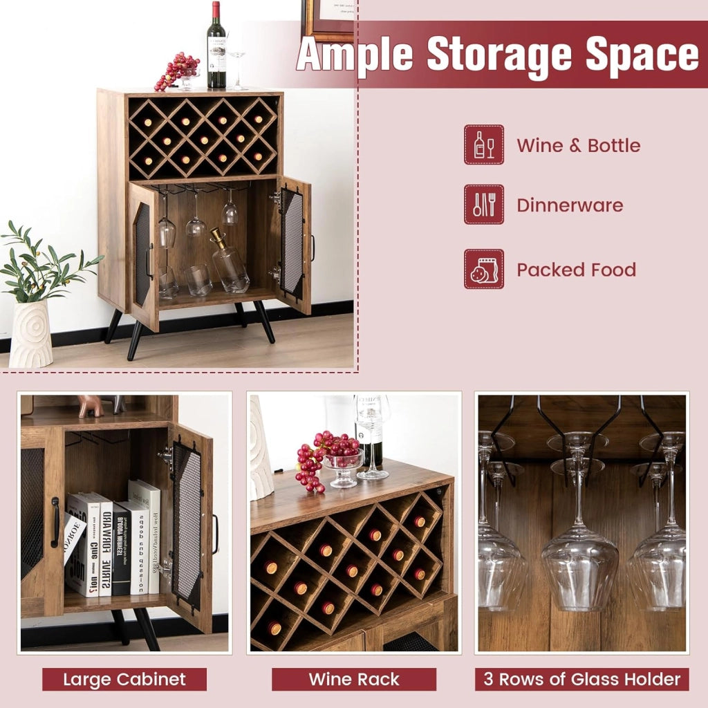 Credenza Cucina Industriale, Cantinetta Vino Legno con Ripiano Estraibile di Bottiglie, 2 Ante in Rete e Dispositivo Antiribaltamento, Mobile a Buffet, Bar, Marrone, 59,5 x 35 x 95,2 cm