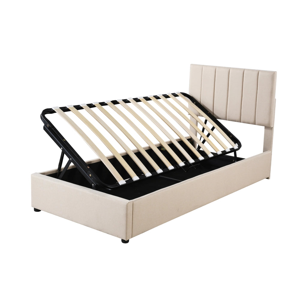 Letto per Bambini Contenitore 90 x 200 cm; Letto Singolo con Vano Idraulico e Testiera Regolabile; senza Materasso; Beige