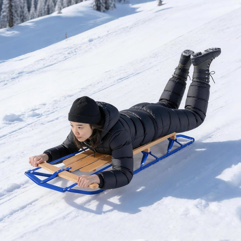 Slittino da Neve, Slittino per Bambini e Adulti con Barra di Direzione, Fori Preforati e Maniglie, Slitta da Neve in Legno e Metallo Vernicato, Carico Massimo 150 kg