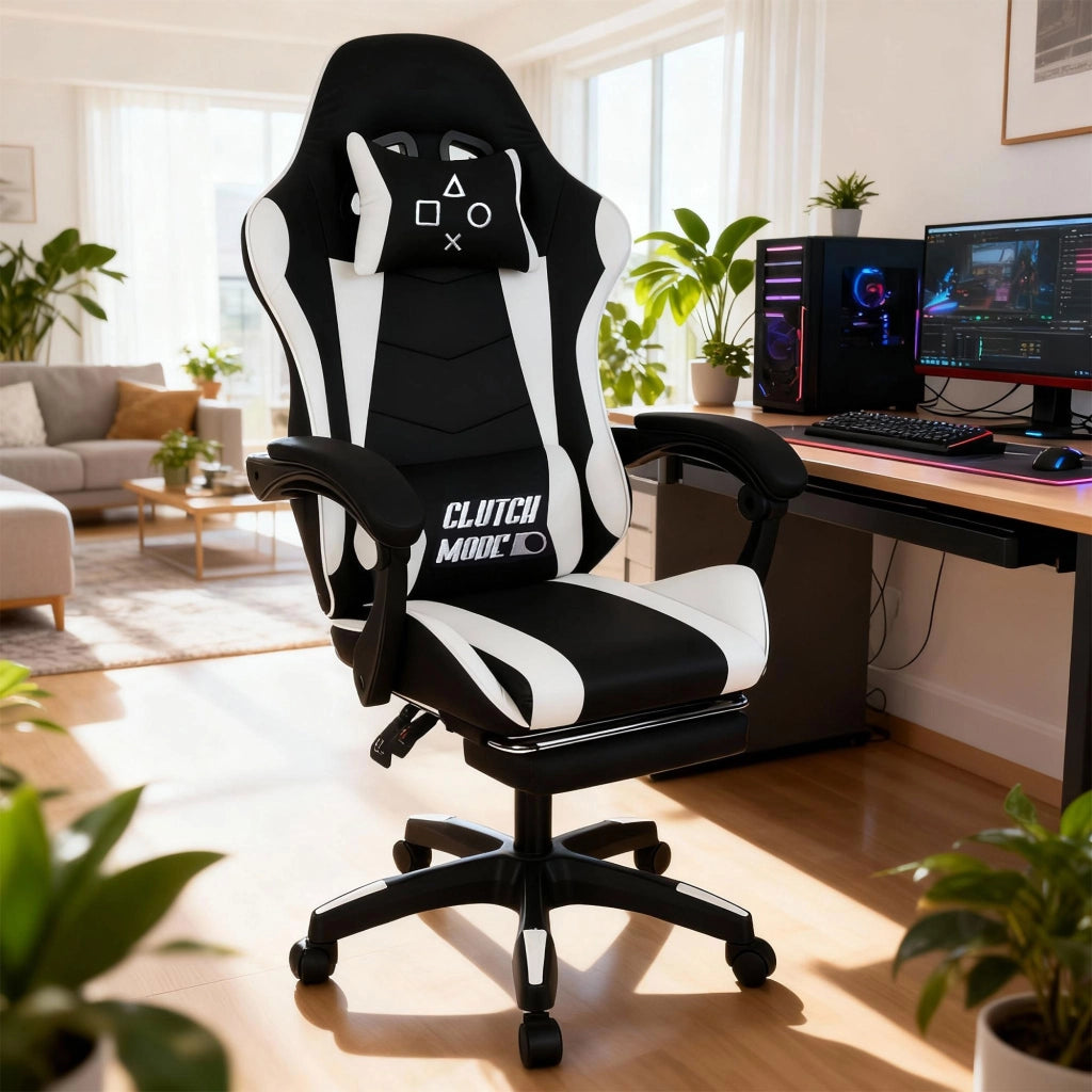 Clutch - Sedia da Gaming Ergonomica con Cuscino Lombare Poggiatesta e Poggiapiedi in PVC Nera e Bianca