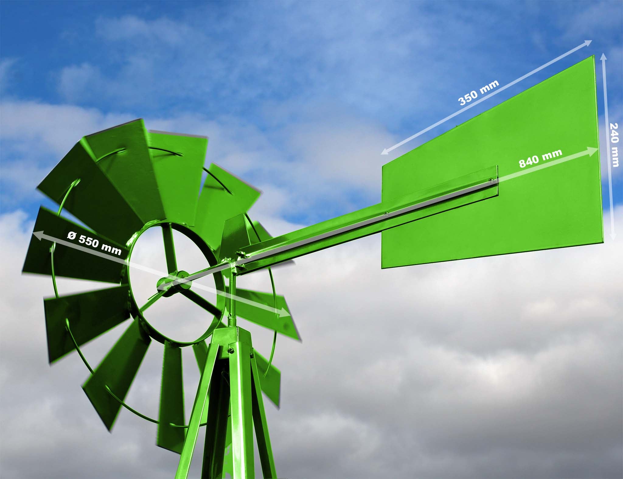 Mulino a vento da giardino stile USA verde, altezza 245 cm, Ruota a vento con cuscinetti a sfera