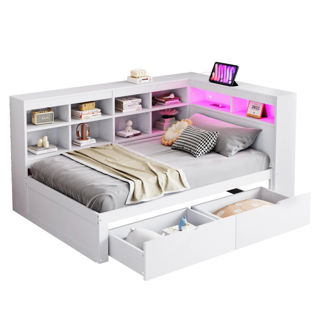 Divano letto multifunzionale in legno massello 90x200 cm con LED; USB e vani portaoggetti; bianco