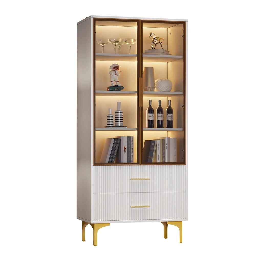 Vetrina in Vetro con 2 Ante e Luce LED ¨C MINIMAL ¨C Bianco/Oro, Ripiani Mobili, 70x35x150