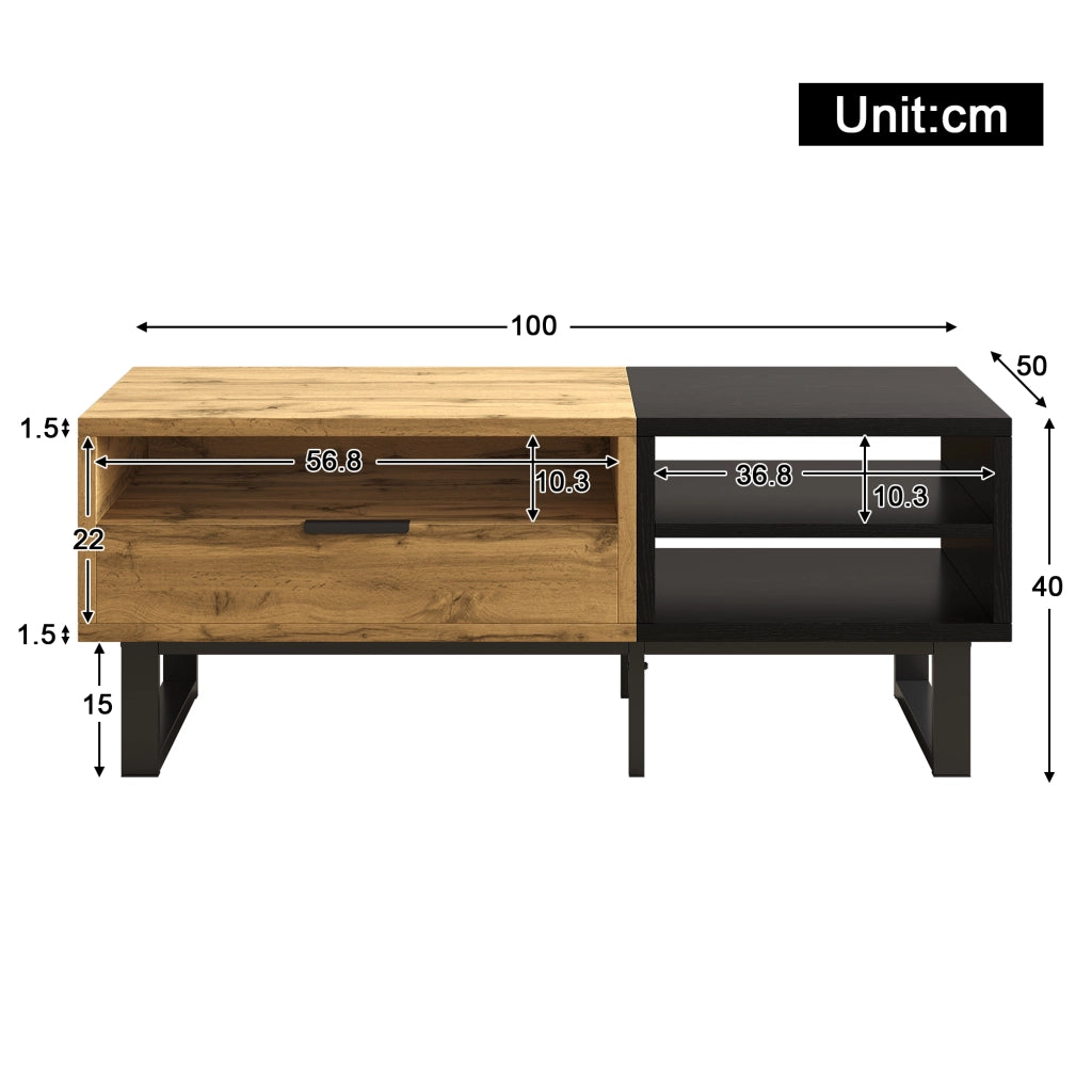Tavolino da caffè 100x50x40 cm; 3 vani aperti e cassetto; pannello truciolare; colore naturale