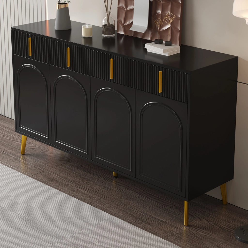 Credenza con 4 ante e 4 cassetti, ripiani regolabili, MDF nero con dettagli dorati, 140 × 38 × 82 cm