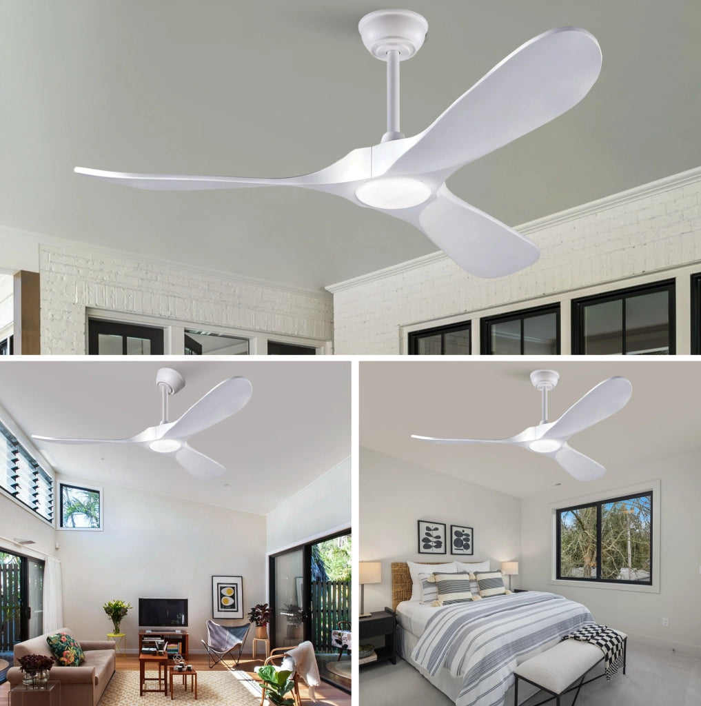 Ventilatore da soffitto 52 pollici con luce LED; 3 pale in legno massello bianco; telecomando
