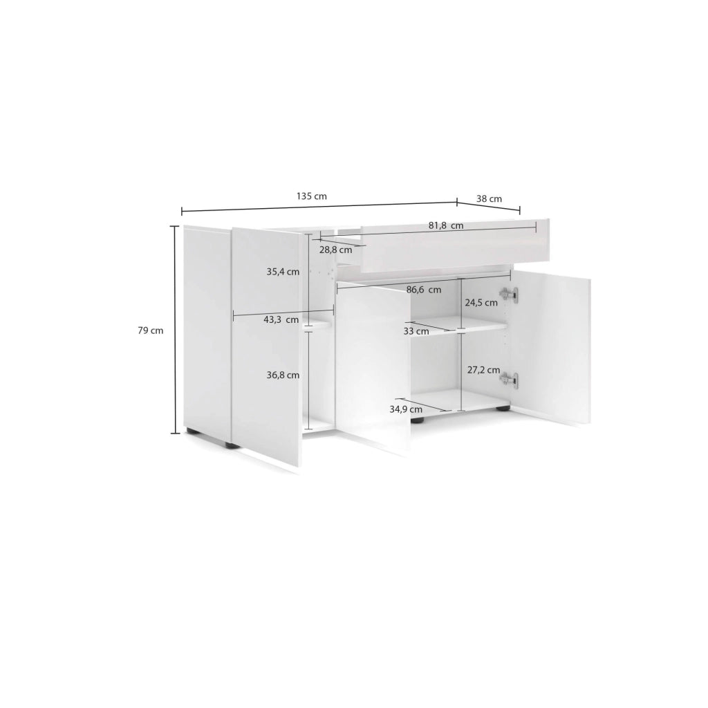 Credenza Deodata, Buffet da soggiorno, Madia da salotto, Dispensa da cucina, Made in Italy, 135x38h79 cm, Bianco lucido