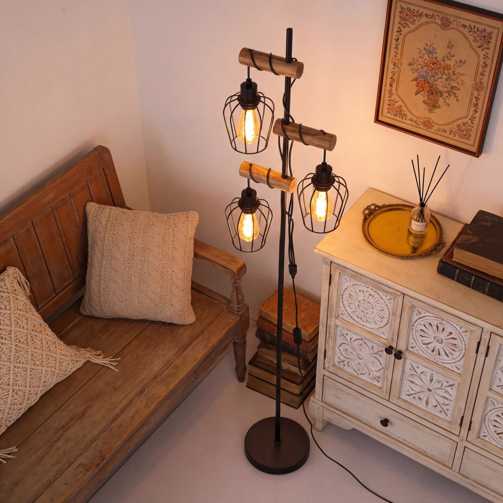 ZMH Lampada da Terra Vintage Legno Soggiorno Industriale 3xE27 Retro Lampada da Lettura Rustica Senza Lampadine