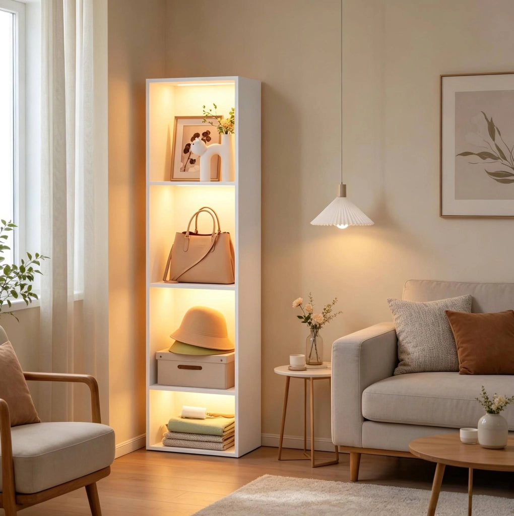 Libreria verticale 40x29x170 cm bianca in truciolare E1, 4 vani con LED RGB