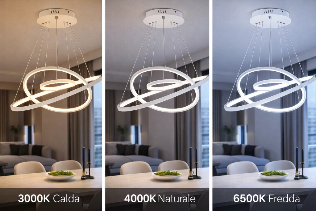Lampadario LED Moderno a Sospensione con 3 Anelli, 51W 4080LM, CCT Switch luce calda, fredda e naturale, Lampada da Soffitto per Soggiorno Sala da Pranzo