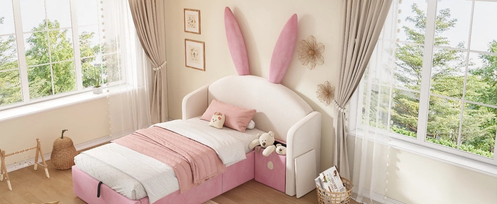 Letto per bambini 90 × 190 cm con comodino contenitore, testiera imbottita, senza materasso, rosa