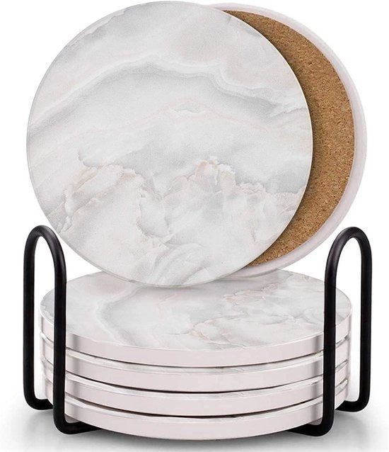 Impianti di supporto per bicchieri, set di 6 impianti di supporto assorbenti con piede, impianti di supporto per bicchieri in marmo con fondo di legno di ciliegio per decorazione in casa, per bar, ristoranti, in casa, per feste, in ufficio