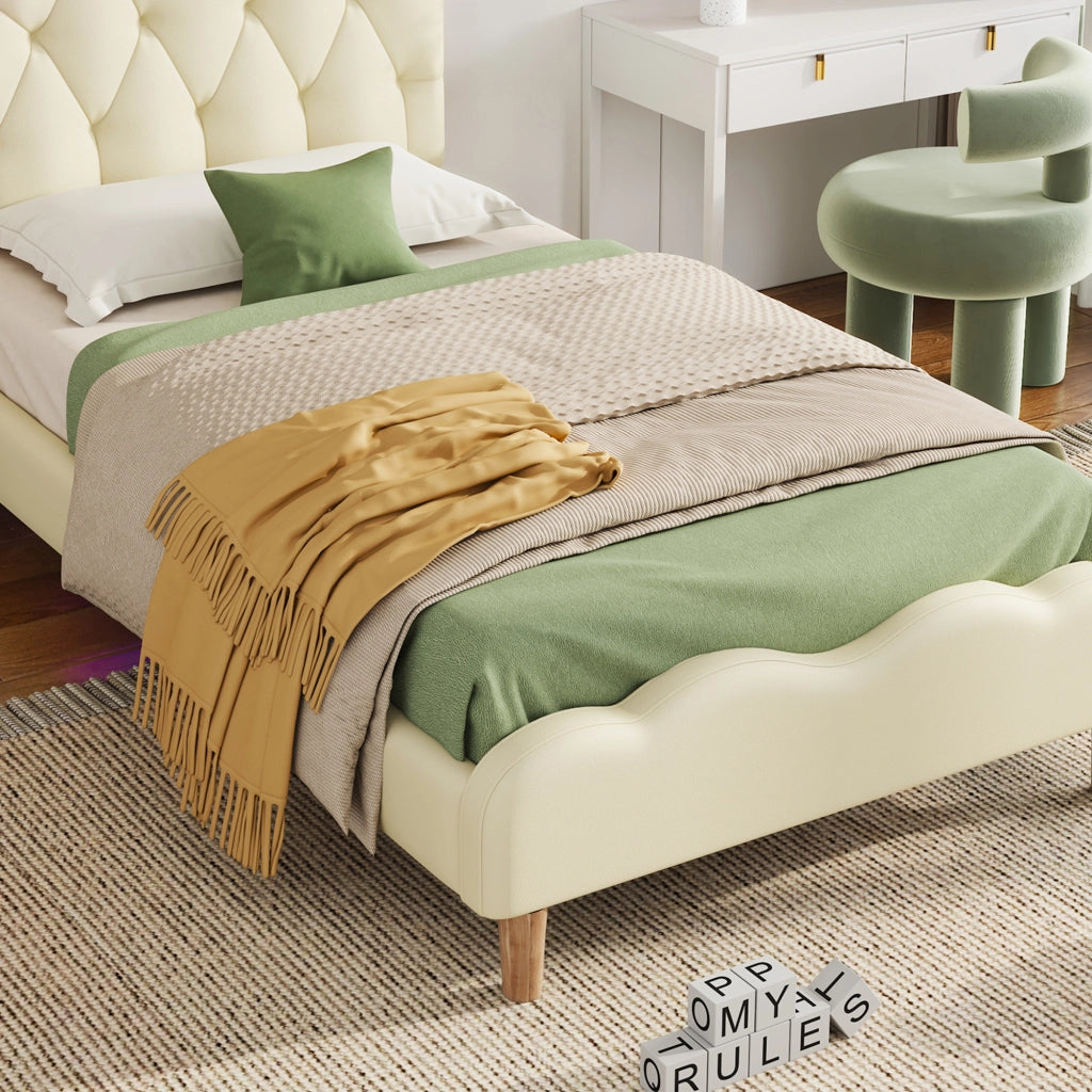 DESMIU Letto singolo 90 × 200 cm con LED multicolore, testiera ondulata e senza materasso, in PU beige
