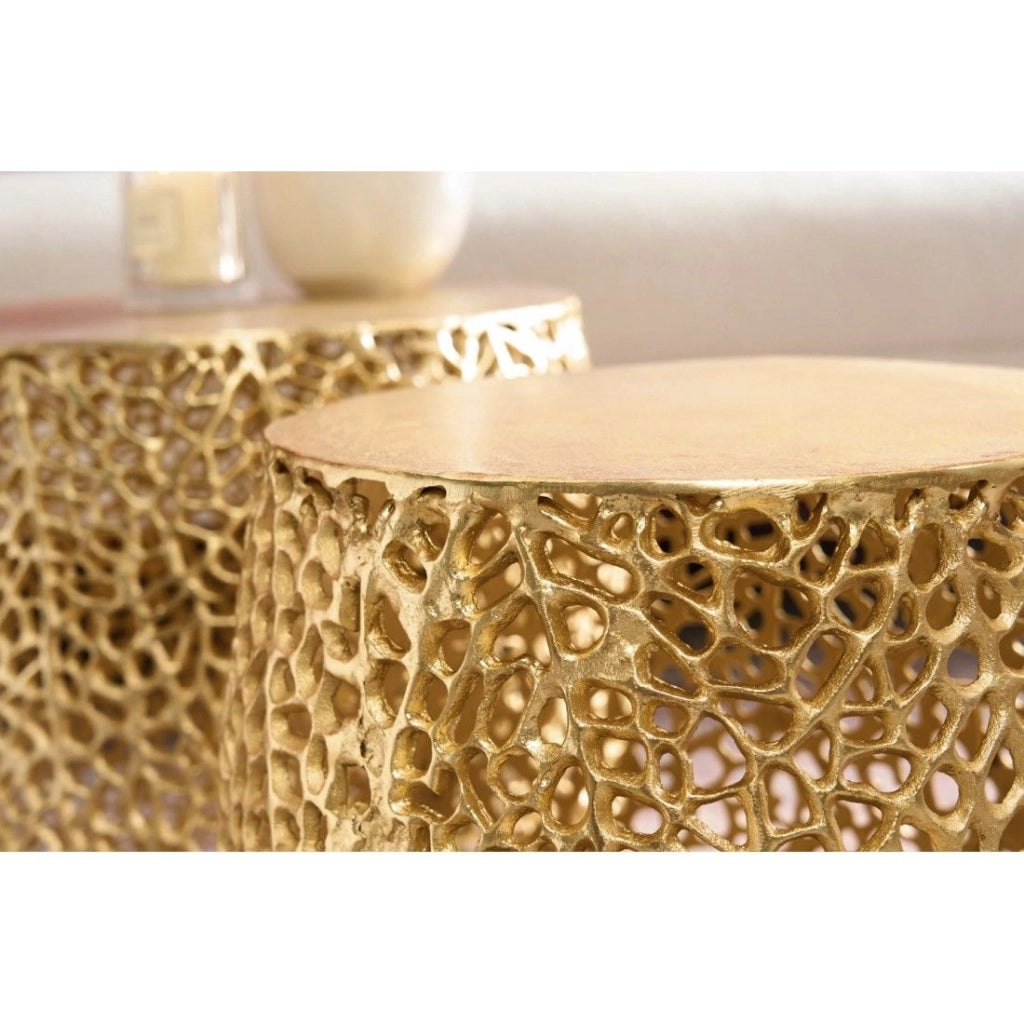 Set di 2 tavolini METRIX bronzo con piccolo motivo arrotondato - Tavolini da salotto design in alluminio e piano effetto legno