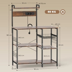 SCAFFALE DA CUCINA CON 2 PRESE 90x42x130 cm Marrone rustico e acciaio