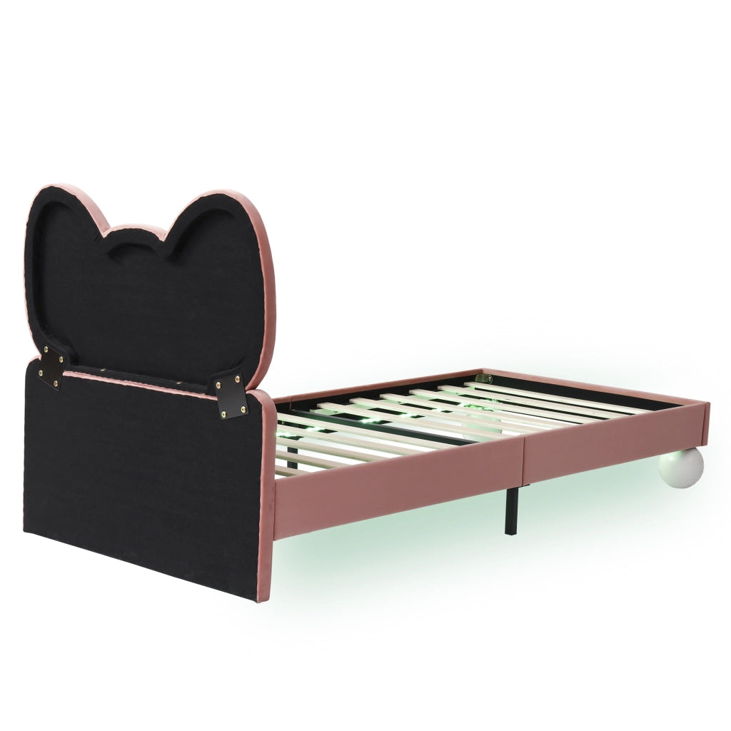 DESMIU Letto bambino 90 × 200 cm con testiera a farfalla e striscia LED regolabile, senza materasso, in velluto, rosa beige