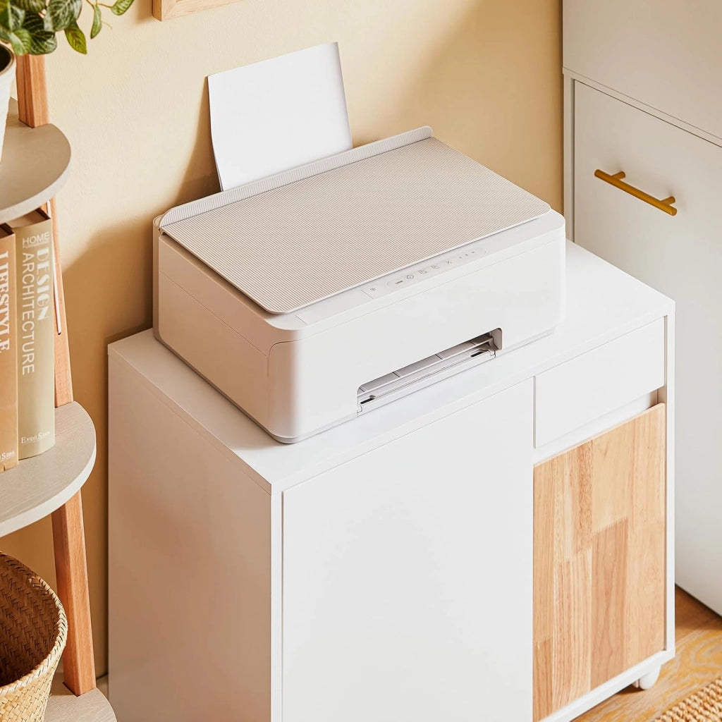 Carrello da ufficio Carrello Portaoggetti con Cassetto Tavolino stampante Bianco-Naturale 65x35x58cm ASK04-WN