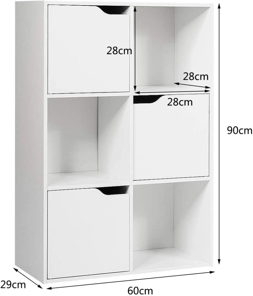 Armadietto Libreria a 3 Livelli, con 6/9 Scomparti, 3/5 Ante, Mobiletto Portalibri Moderno, Multiuso e Salvaspazio, Ideale per Soggiorno, Studio, Ufficio, Camera (Bianco, 60x29x90 cm)