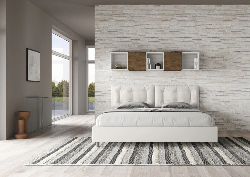 Letto Matrimoniale King Size 200x200 cm Senza Rete Testata con Cuscini Imbottito in Similpelle Annalisa Large Bianco