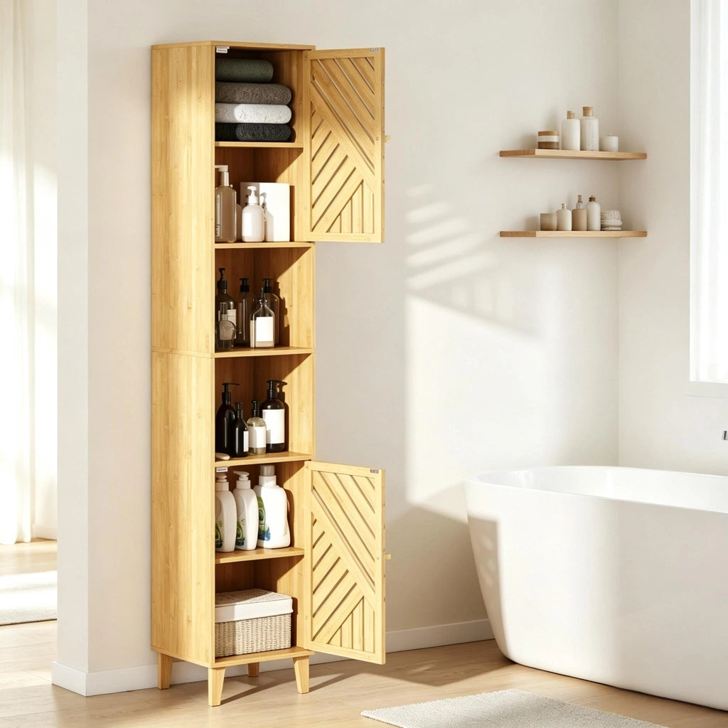 ARMADIO BAGNO ALTO 32x30x170 cm Effetto legno naturale Bamboo e truciolare